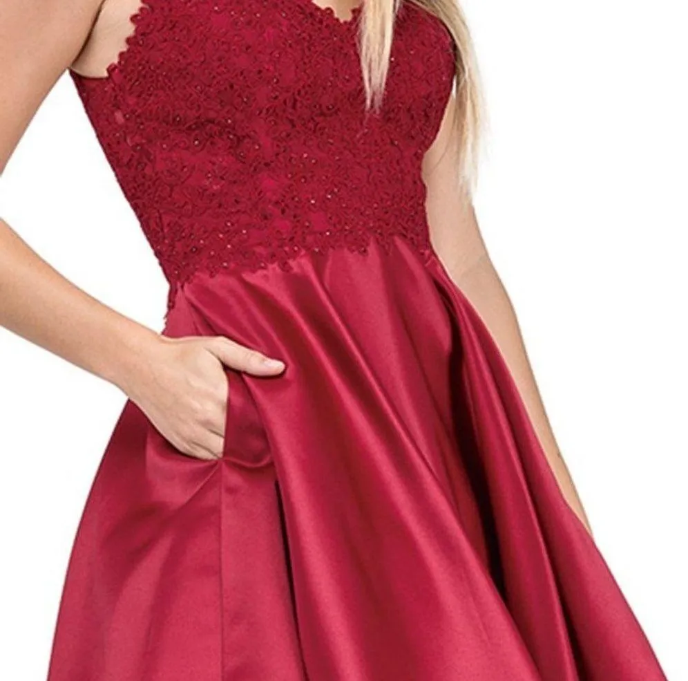 Dancing Queen NEW XS Spaghetti Straps Burgundy Lace Bodice Short Dress w/pocket - Image 3