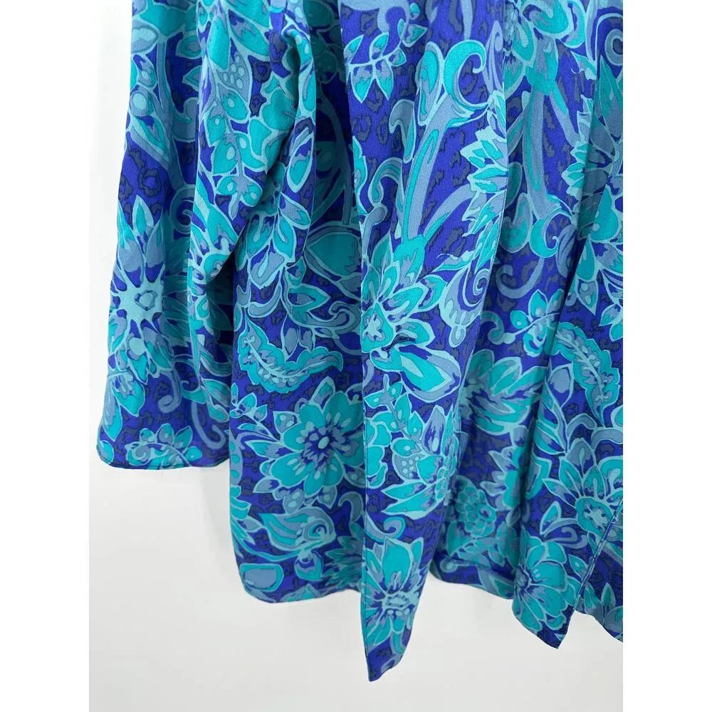 Liz Claiborne Dresses Sweater Women 14 Blue Floral Print Long Sleeve 100% Silk - Image 3