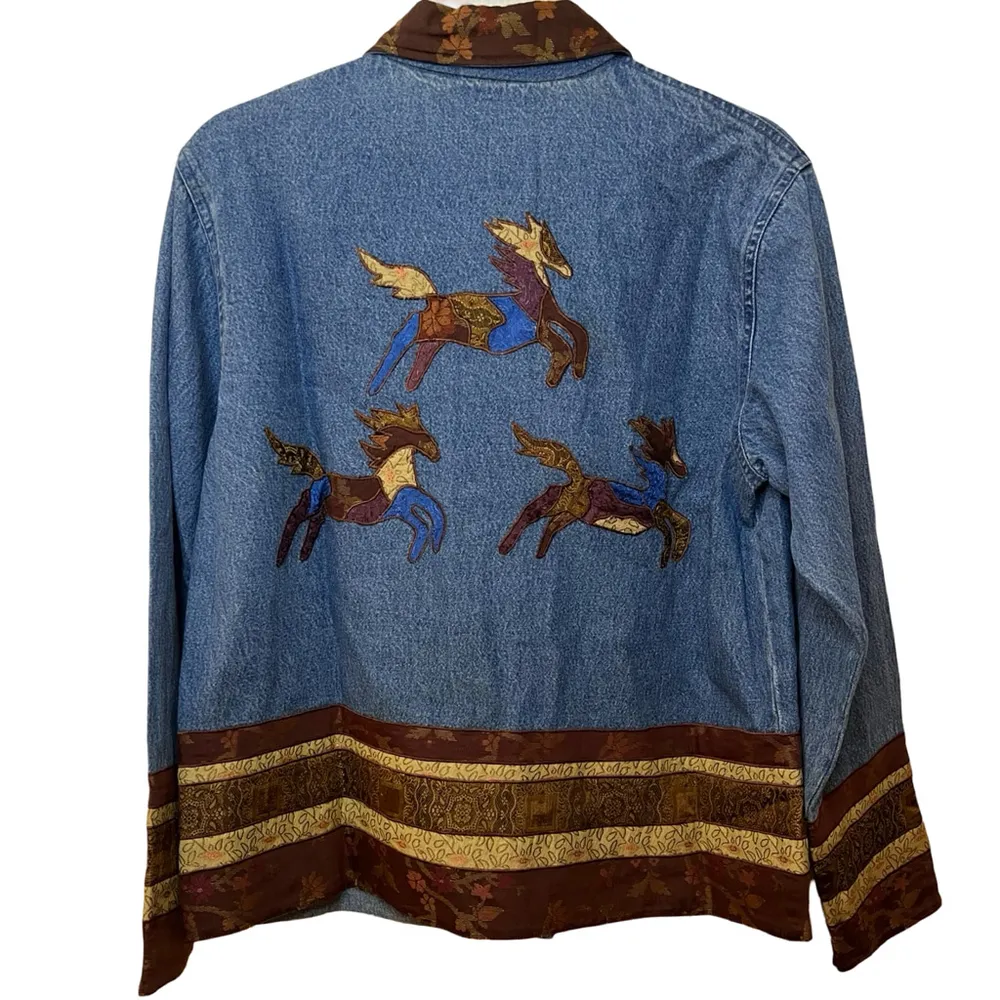 Vtg 90s Coldwater Creek Embroidered Horses Lightweight Denim Shacket Shirt S/M - Image 5