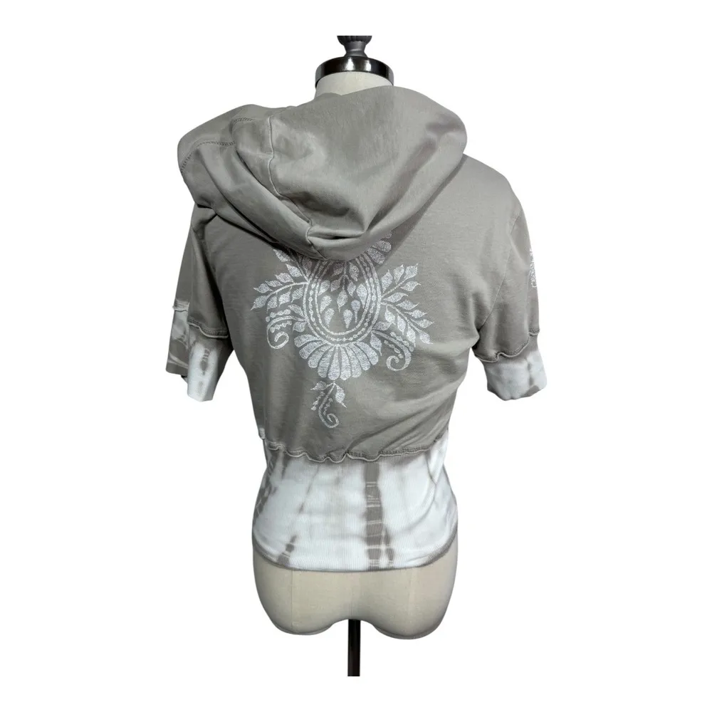 Yogi Y2K Tie Dye Zip Hoodie Metallic Paisley Boho Short Sleeve Womens Medium USA Tan - Image 6