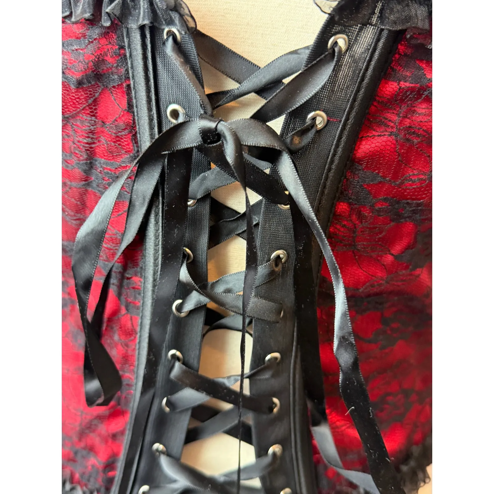 Lace Corset Bustier Lingerie Costume Top XL Valentines Day Red Ruffle Red Black - Image 5