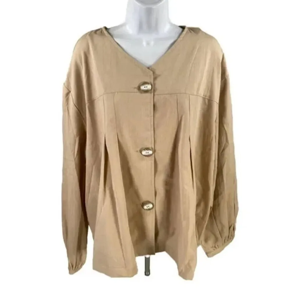 NEW NWT SUZANNE BETRO Plus Size Stone Pleated Swing Jacket Tan Beige Lightweight - Image 2