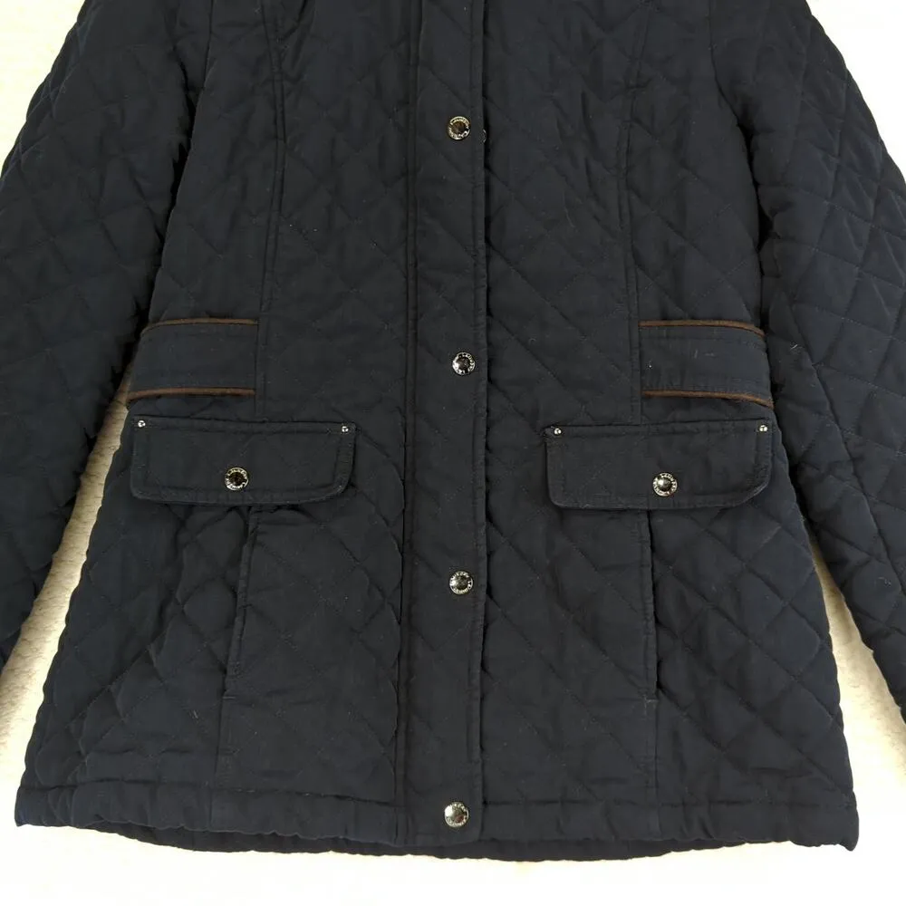 Laundry Shellie Segal Navy Blue Quilted Jacket Women Medium Faux Fur Hood Casual - Image 4