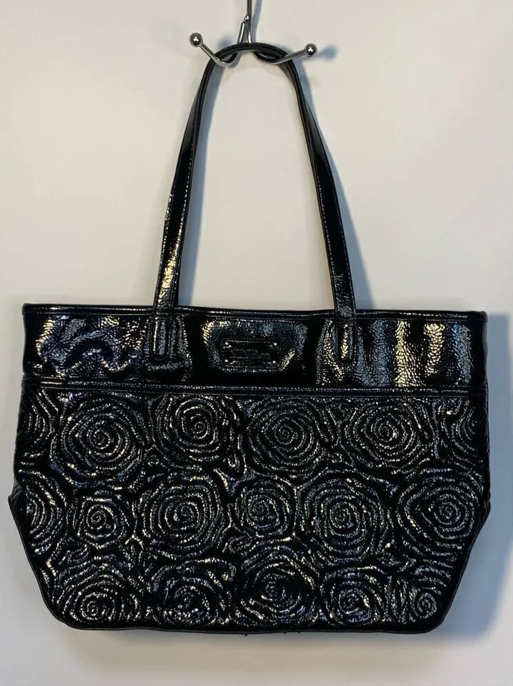 Nine & Co Embossed Roses Dual Handle Strap Shoulder Bag Black - Image 1