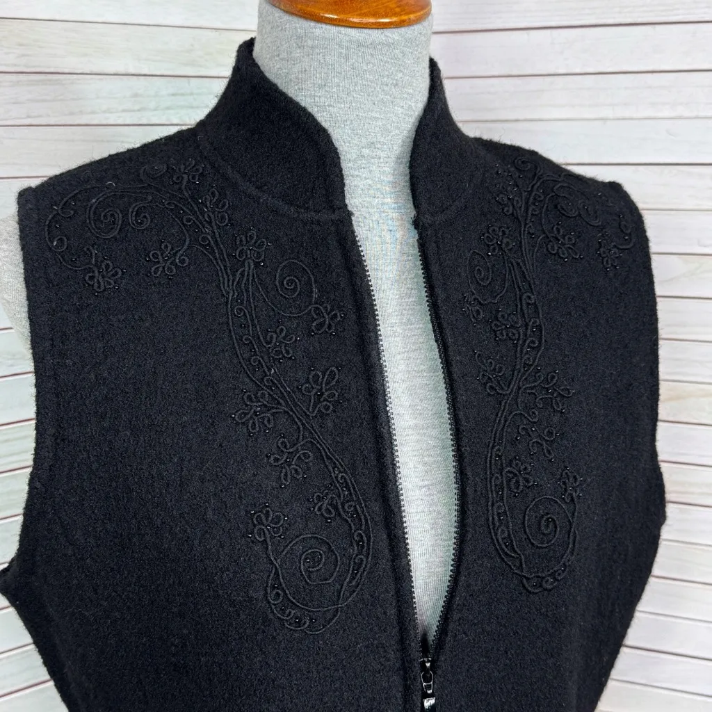 Alfred Dunner Embroidered Beaded Full Zip Mock Neck Boucle Wool Vest Black Small - Image 5