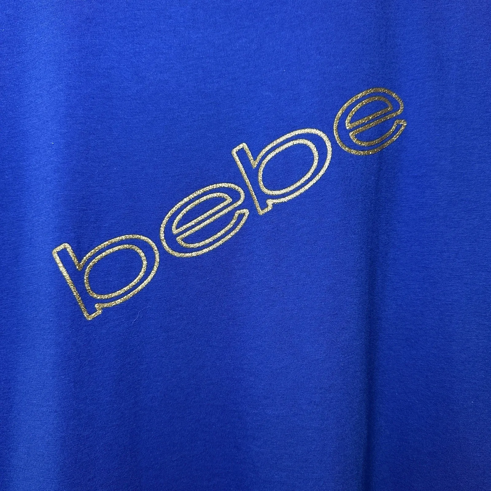 Bebe Women's Logo Graphic Tee Blue Gold Glitter Surf‎ The Web T-Shirt XL Retro - Image 10