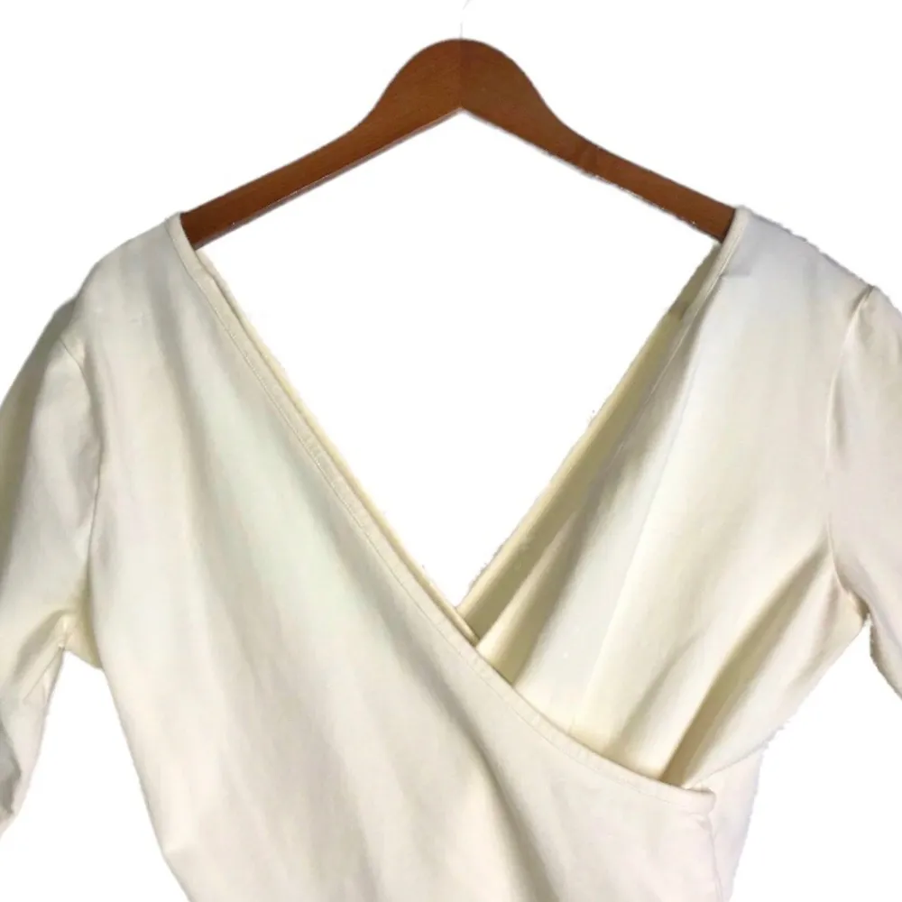 Ivory 3/4 Sleeve Surplice Jersey Faux Wrap Crop Top - Image 3