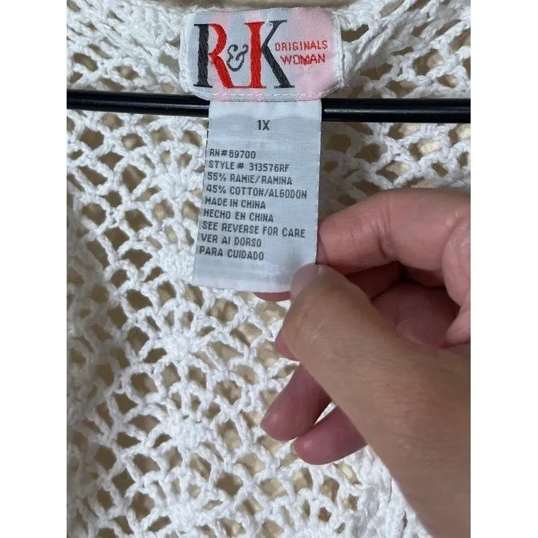 Vintage R&K Womens 1X White‎ Crochet Cardigan Open Front Scalloped Bohemian White - Image 5
