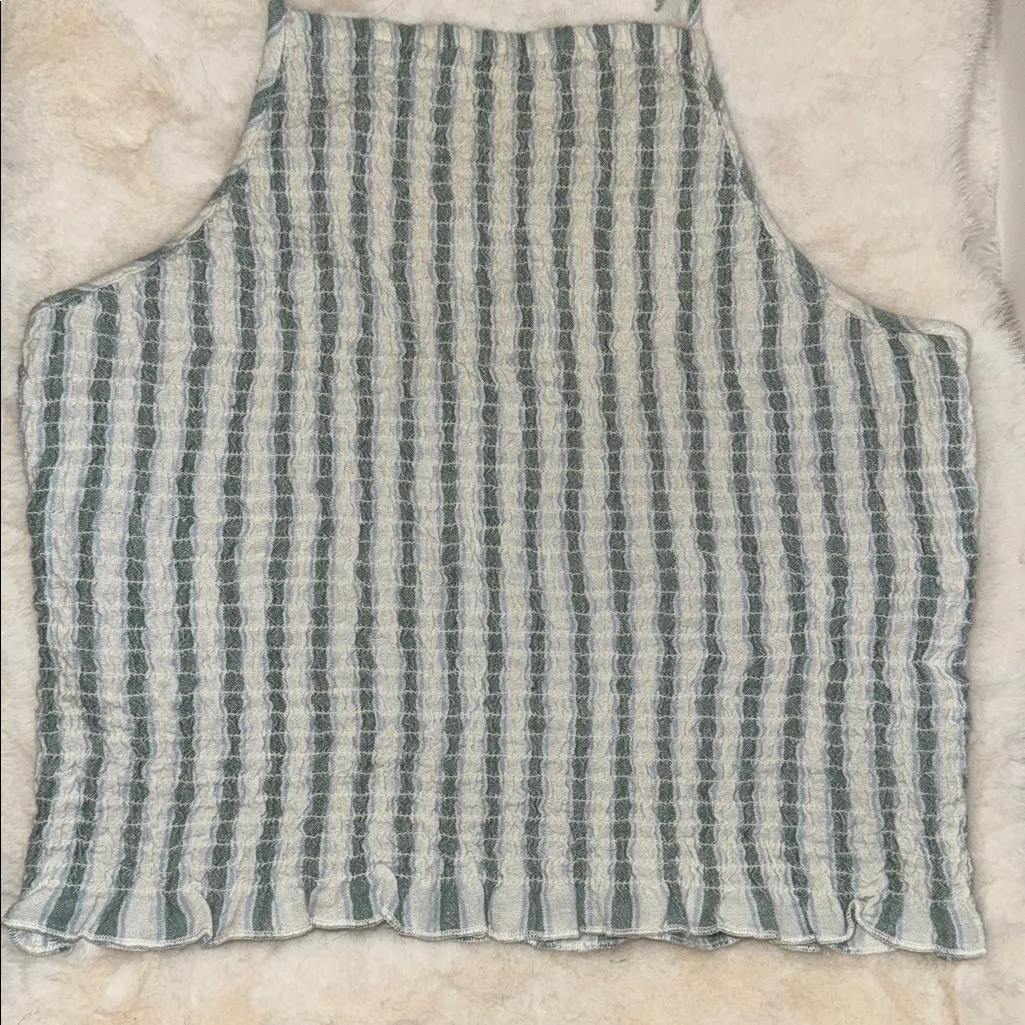 American Eagle Smocked Crop Top w Halter Neck Tie Women’s M Green & White - Image 5