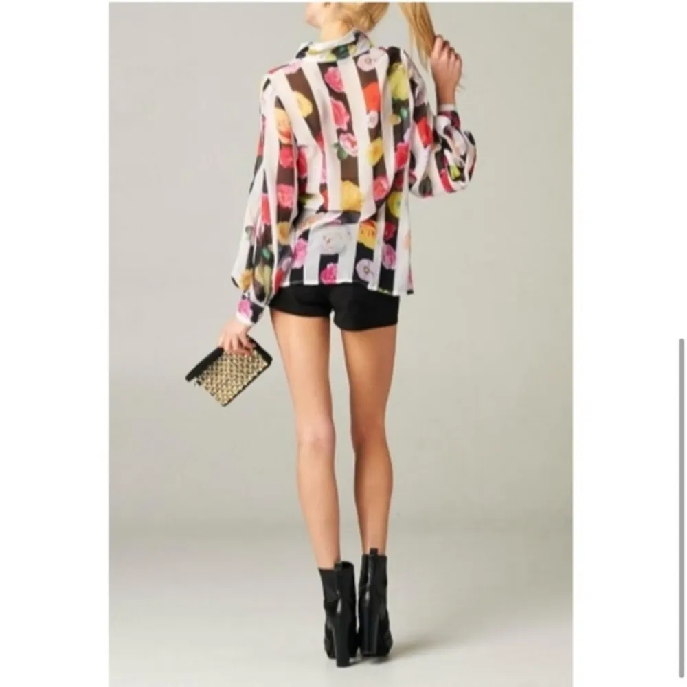 T.O.V. Multicolor Floral Striped Collared Button Up Sheer Blouse RARE 42 Euro L Size L - Image 15