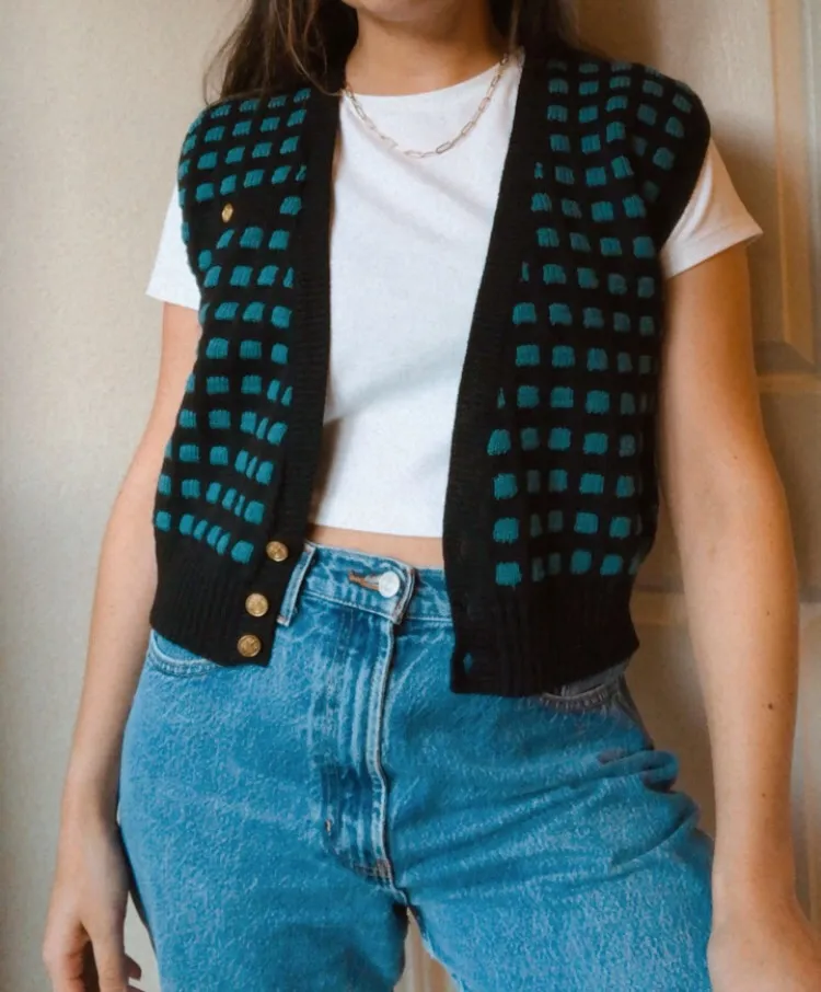 VINTAGE SWEATER VEST CHECKERED BUTTON Blue Size L - Image 2