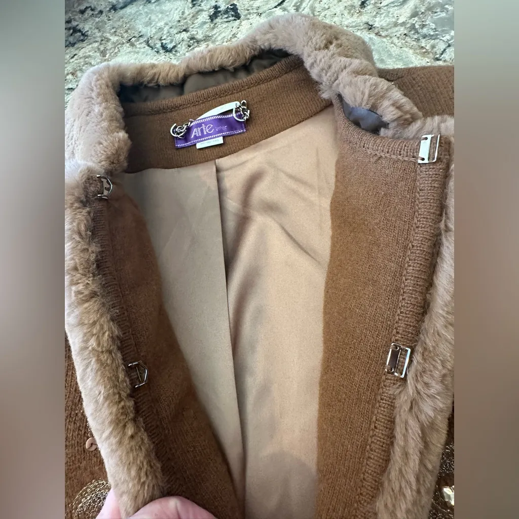 Arte International Faux Fur Trim Cardigan Sweater Sequin Rhinestone Embellshed Brown Size M - Image 7