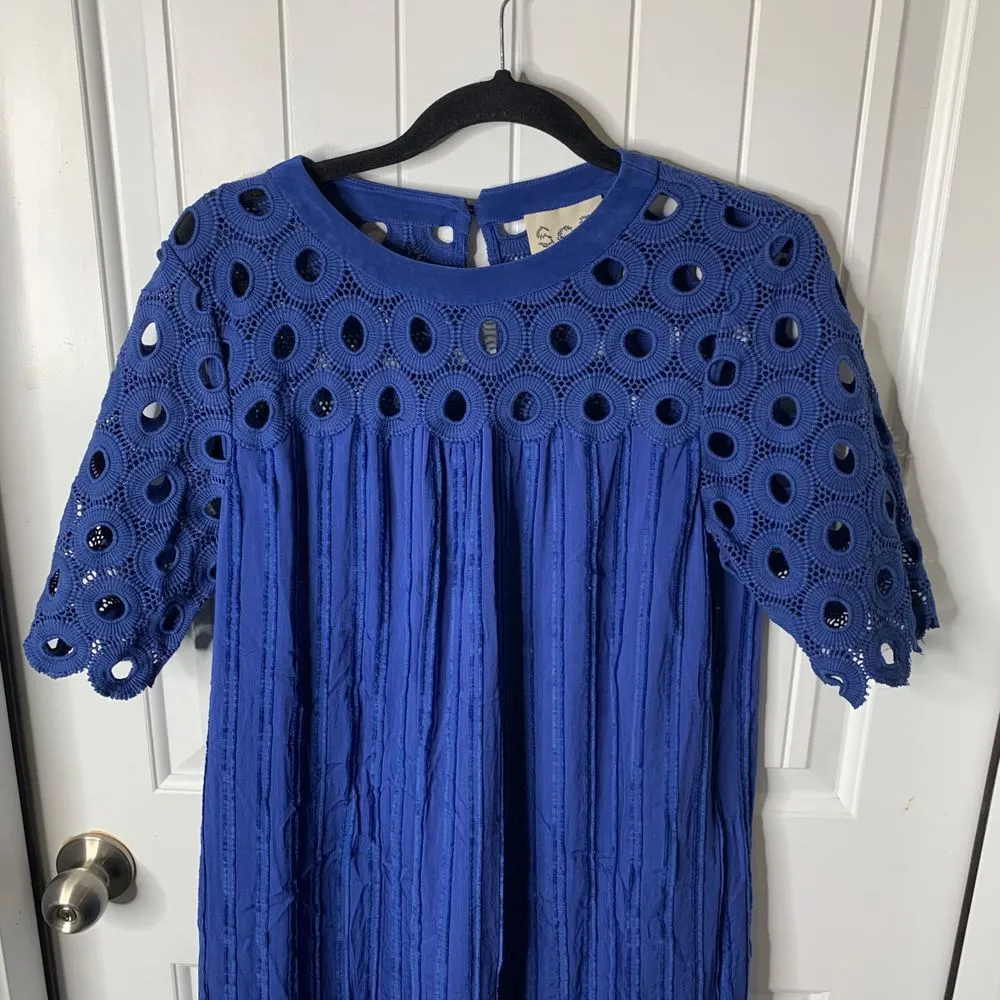 See New‎ York Royal Blue Eyelet Lace Cotton Silk Midi Dress Size 6 - Image 2