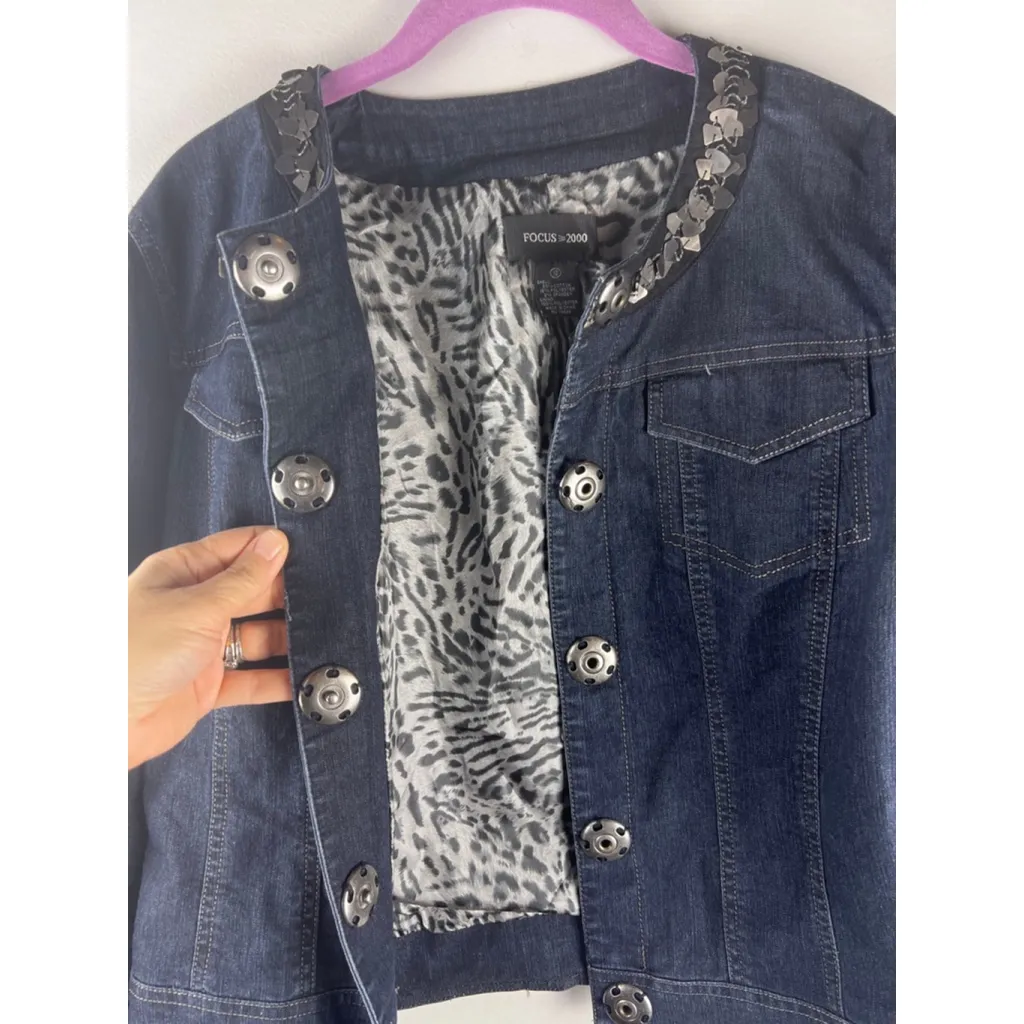Focus 2000 Denim Jacket Womens 10 Embellished Collar Snap Button Stretch Blue - Image 6