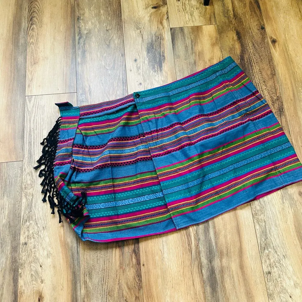 90s Vintage Boho Mini Skirt Aztec Striped Fringe Pleated Cotton Colorful Large Blue - Image 8