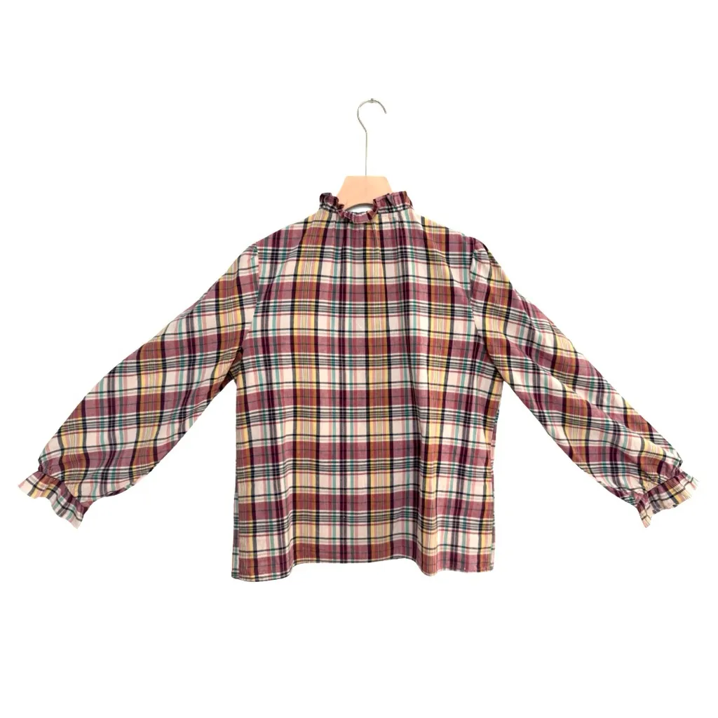 Ba&sh Womens Medium Betsy Ruffled Plaid Button Down Shirt Beige Multi Check Fall - Image 5