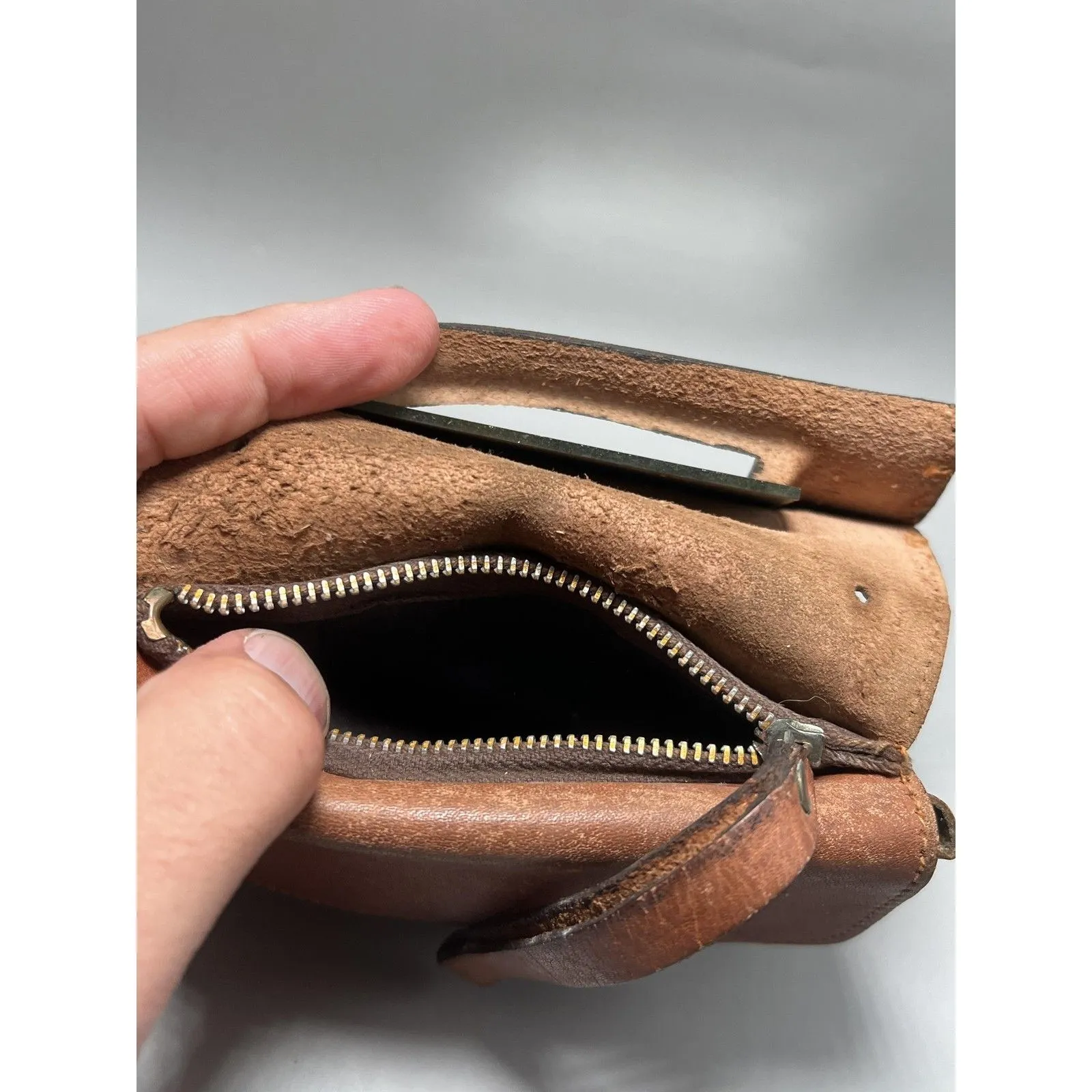 Vintage Tooled Leather Makeup Purse Bag Mirror Top Grain Cowhide Made in Haiti Brown - Image 4