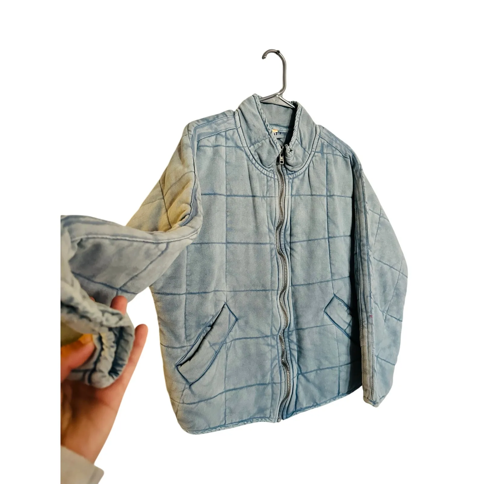 Free People  Blue Quilted Dolman Full Zip Up Pockets Jacket size Medium - Image 4