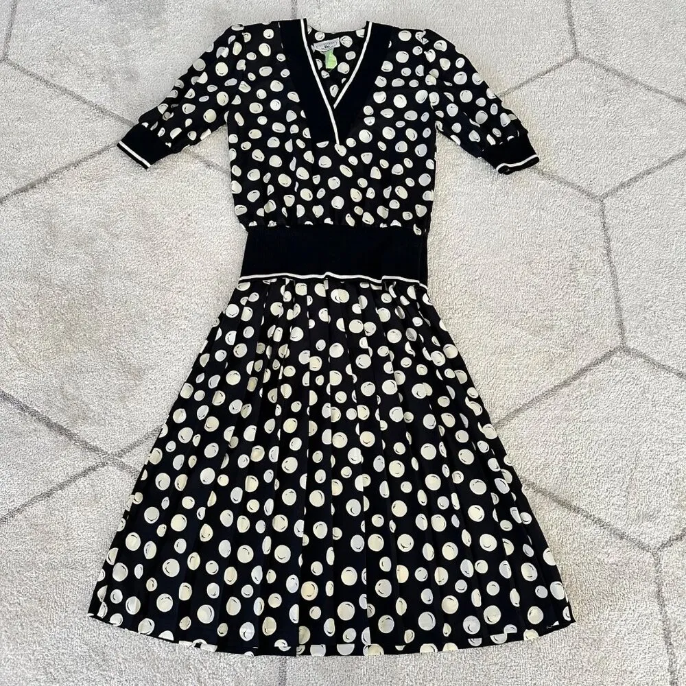 Vintage Jonathan Martin 70s Polka Dot V-Neck Dress Pleated Bottom Sz Med - Image 5