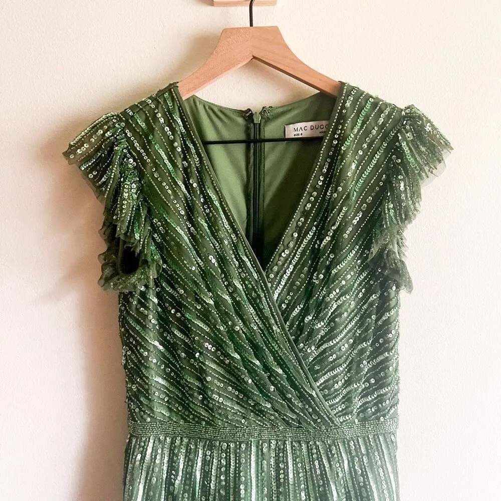 Mac Duggal Sequin V-Neck Wrap Over Cap Sleeve Ruffled Hem Dress Size 8 - Image 8