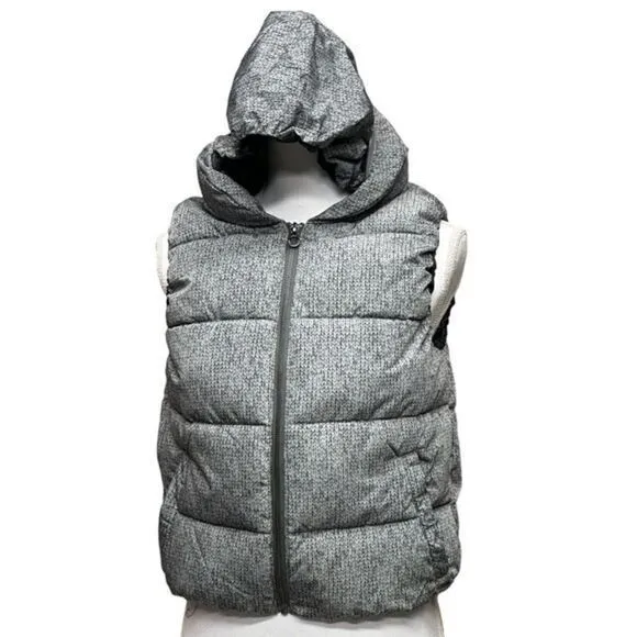Calvin Klein Water Repellent Puffy Gray Vest Size S/M Faux Knit Design Zip Hood Silver - Image 5