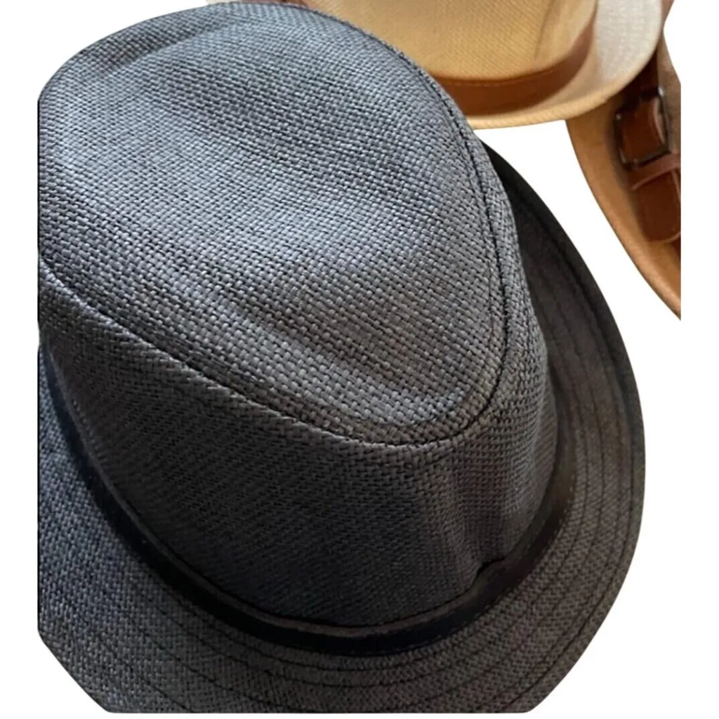 Ultrafun Straw Fedora Hat Classic Manhattan Dark Gray Black Belt Buckle Band Uni - Image 3