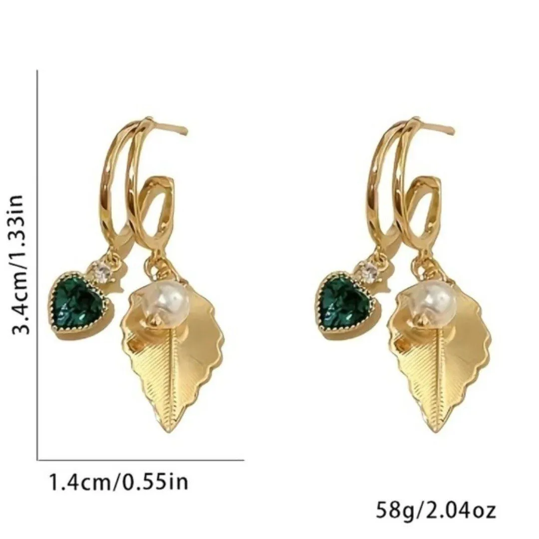 Zircon & Faux Green Pearl Leaf Drop Earrings – 18K Gold Plated NWT - Image 5