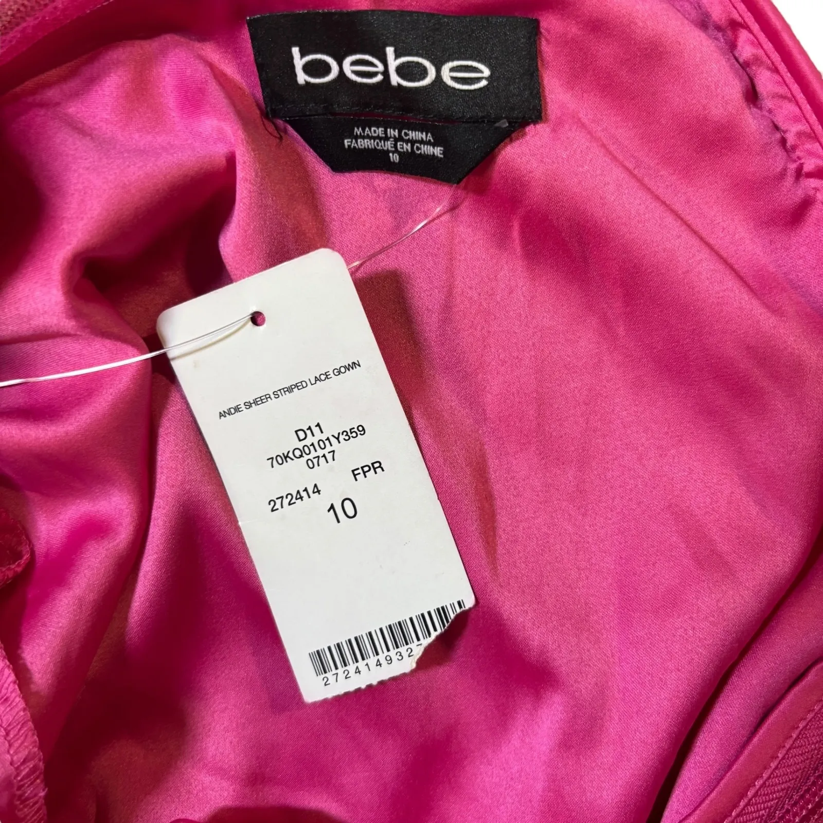 bebe Andie Sheer Striped Lace Gown Dress‎ Hot Pink Size 10 Sleeveless Evening - Image 7