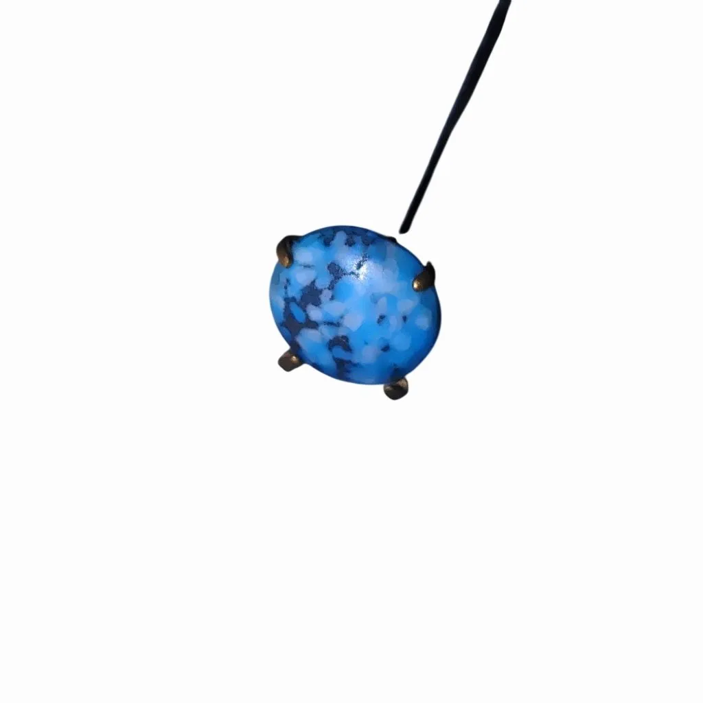 Long Hat Dress Pin Vintage Brass Blue Glass Bead Gold Tone Straight Dome - Image 7