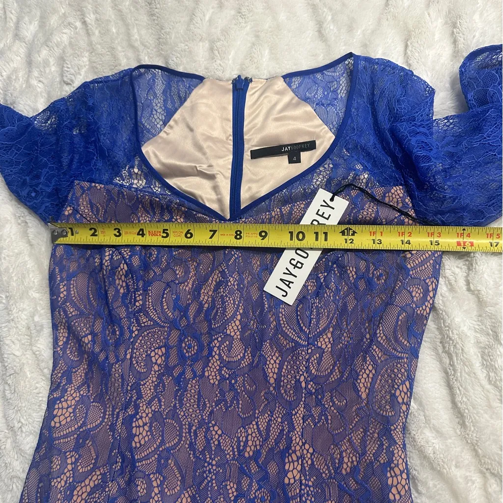 JAYGODFREY Size 4 Blue Lace Sheath Dress Delicate Lace city Wedding Party Club - Image 11