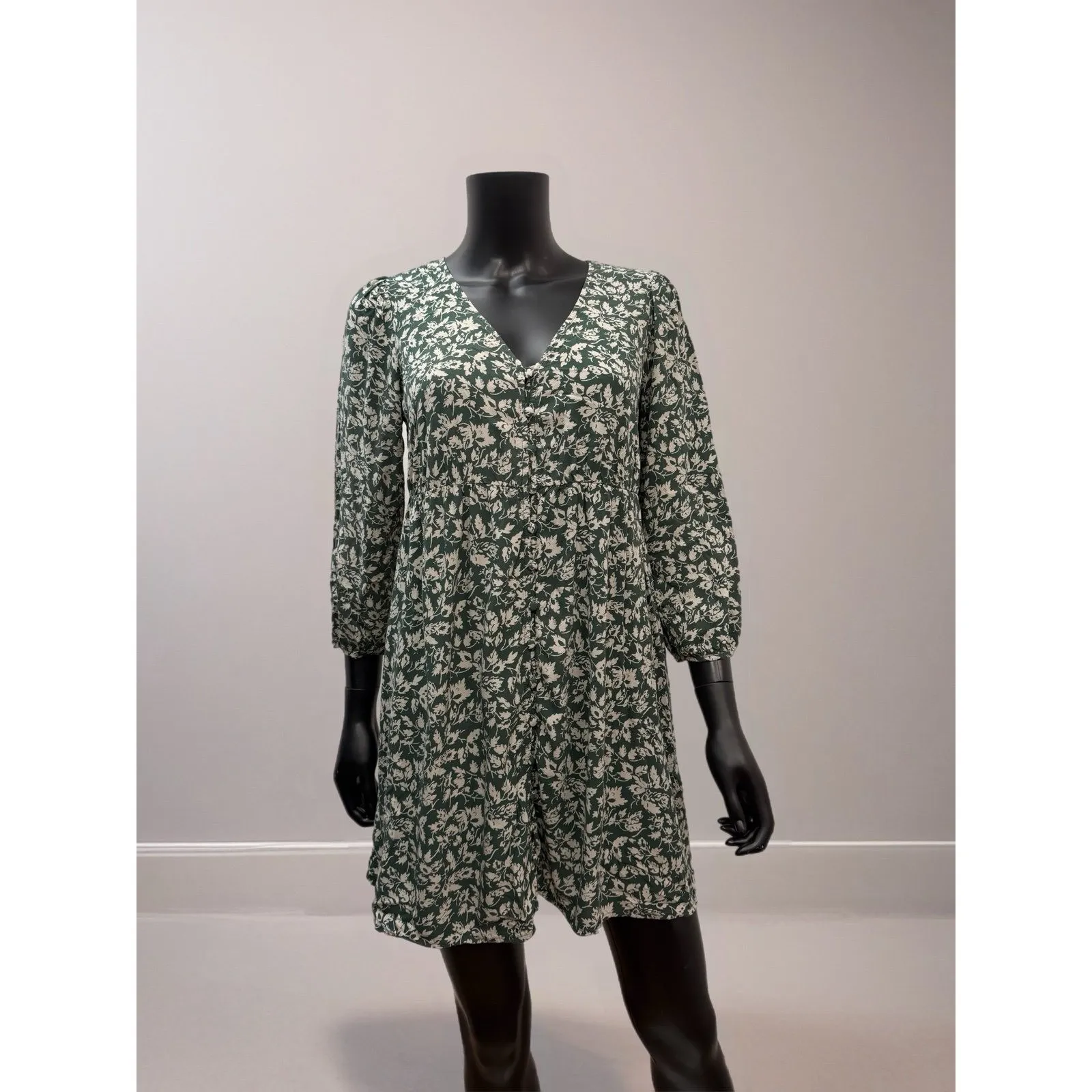 Madewell‎ Green Floral Puff Sleeve Mini Dress V-Neck Smocked Waist XS - Image 3