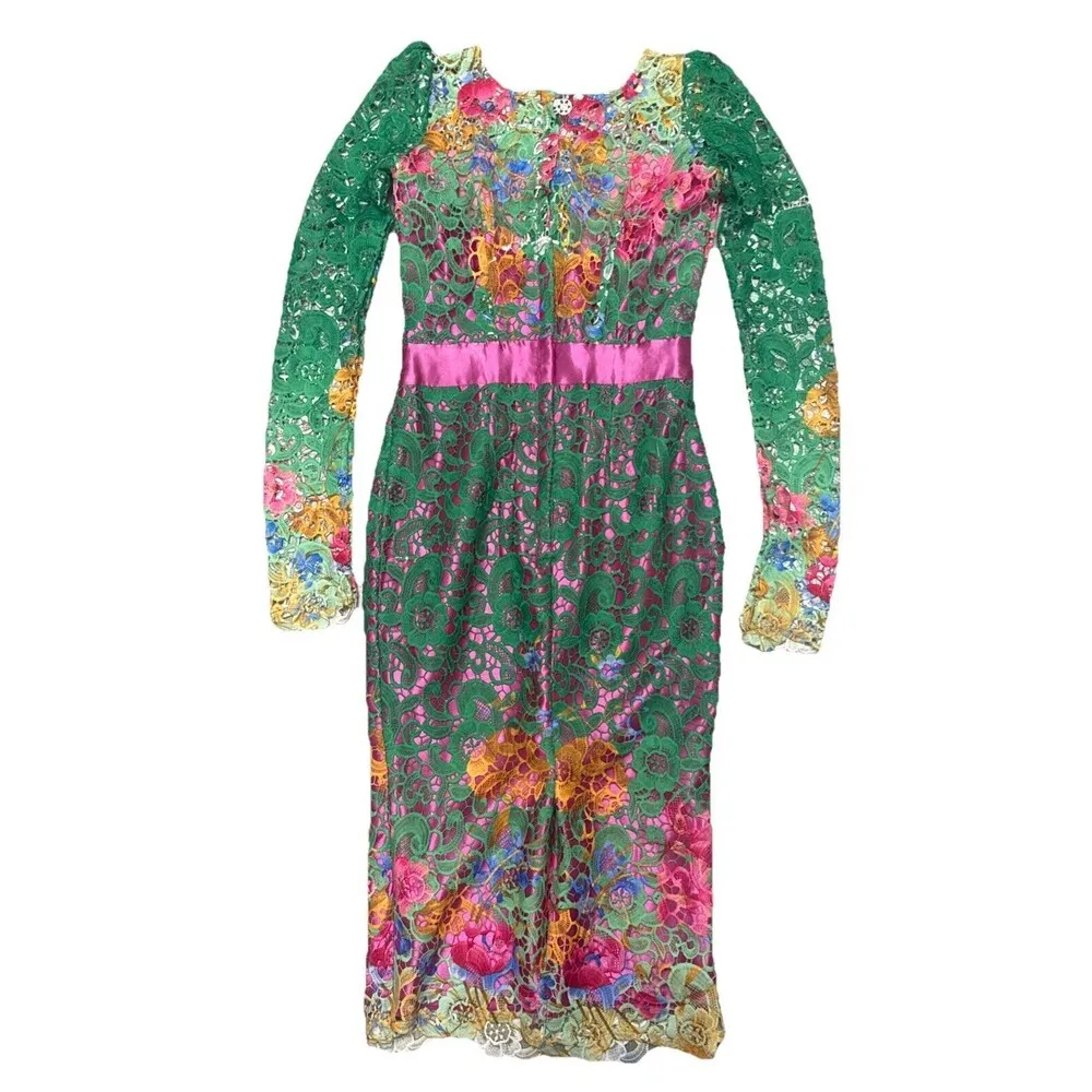Handmade macramé floral bright green satin lace midi dress S whimsical fairy - Image 2