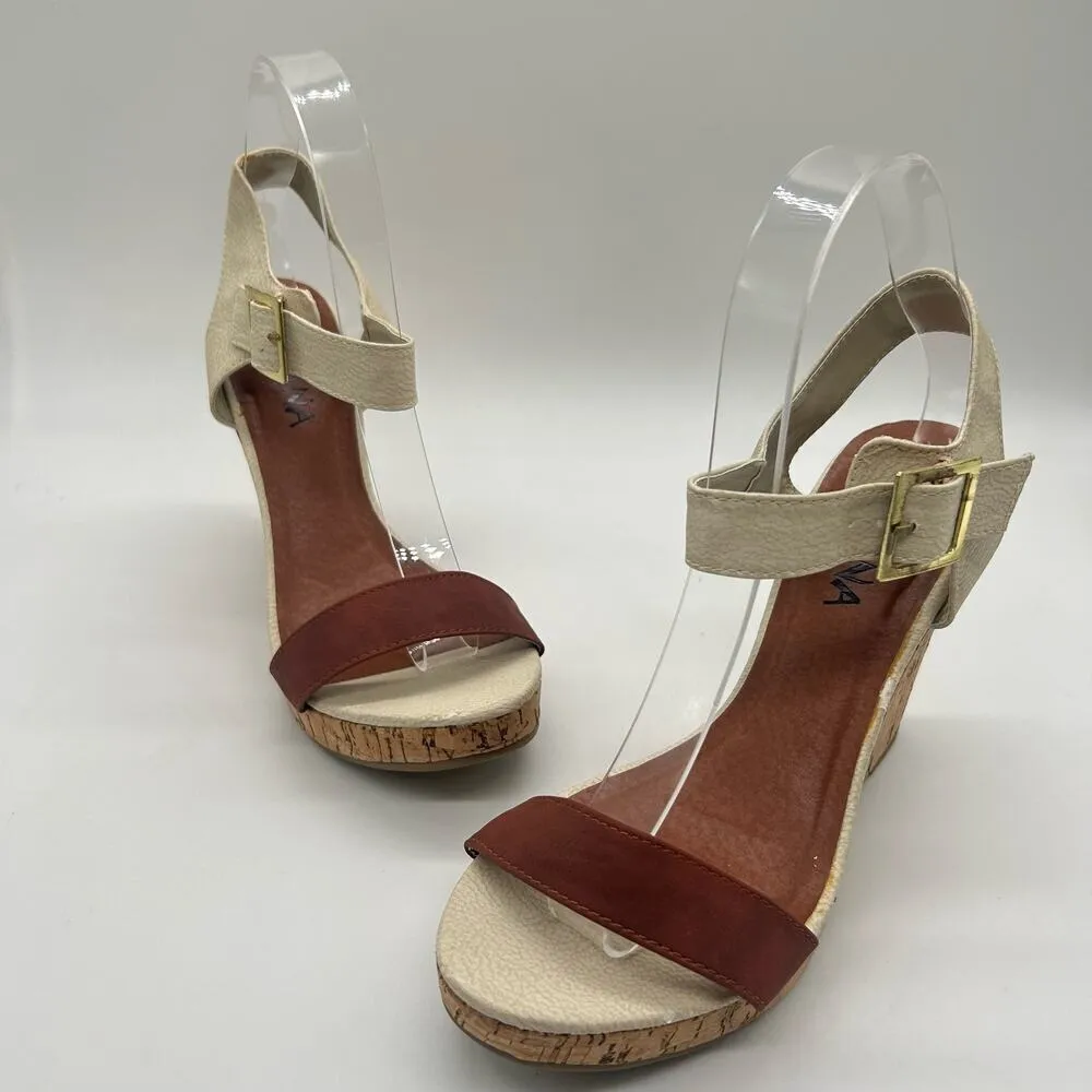 Diviana Sandal Womens Brown Cream 8 Ankle Strap Open Toe‎ Wedge Sandal NEW - Image 4