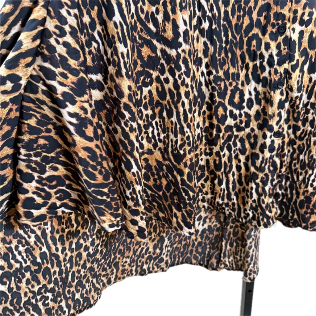 Leopard Print High Low Tunic Dress Medium Oversized Button Down Animal Print Top Brown - Image 2