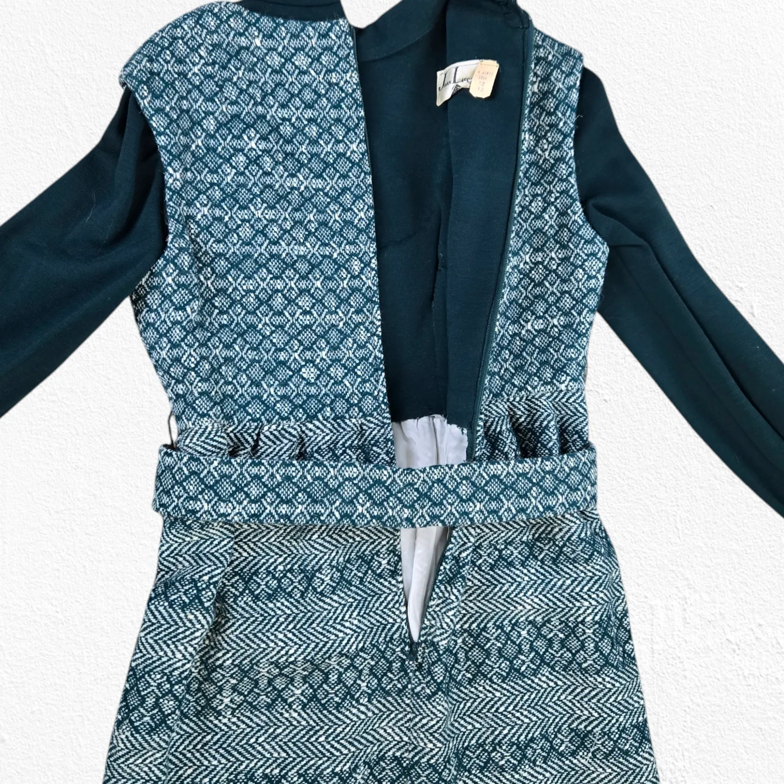 Vintage 70s Green White Tweed Jumper Turtleneck Belted Cottage Dress Size Small - Image 15