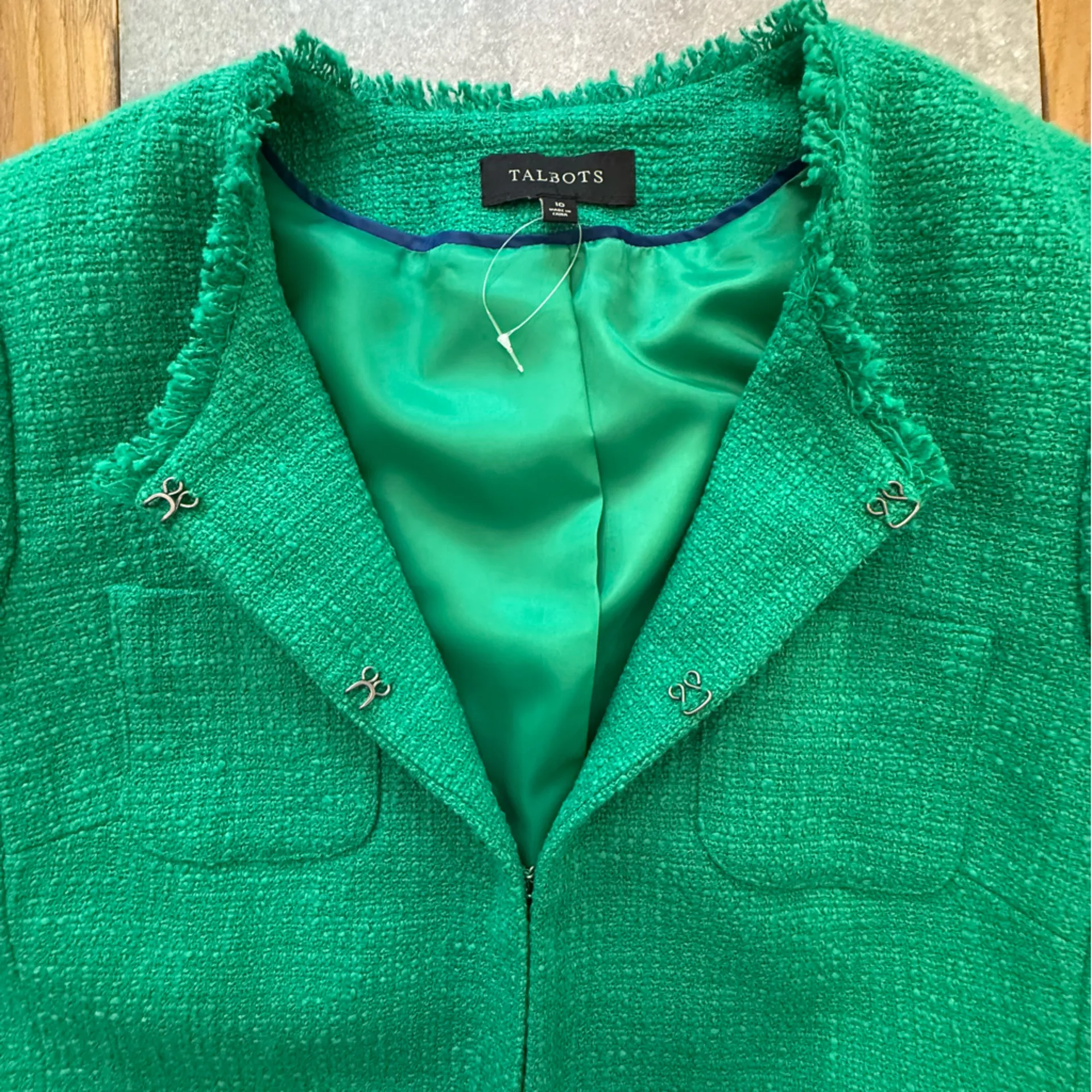 Talbots Kelly Green Tweed Sequin Cuff Jacket Size 10 - Image 9