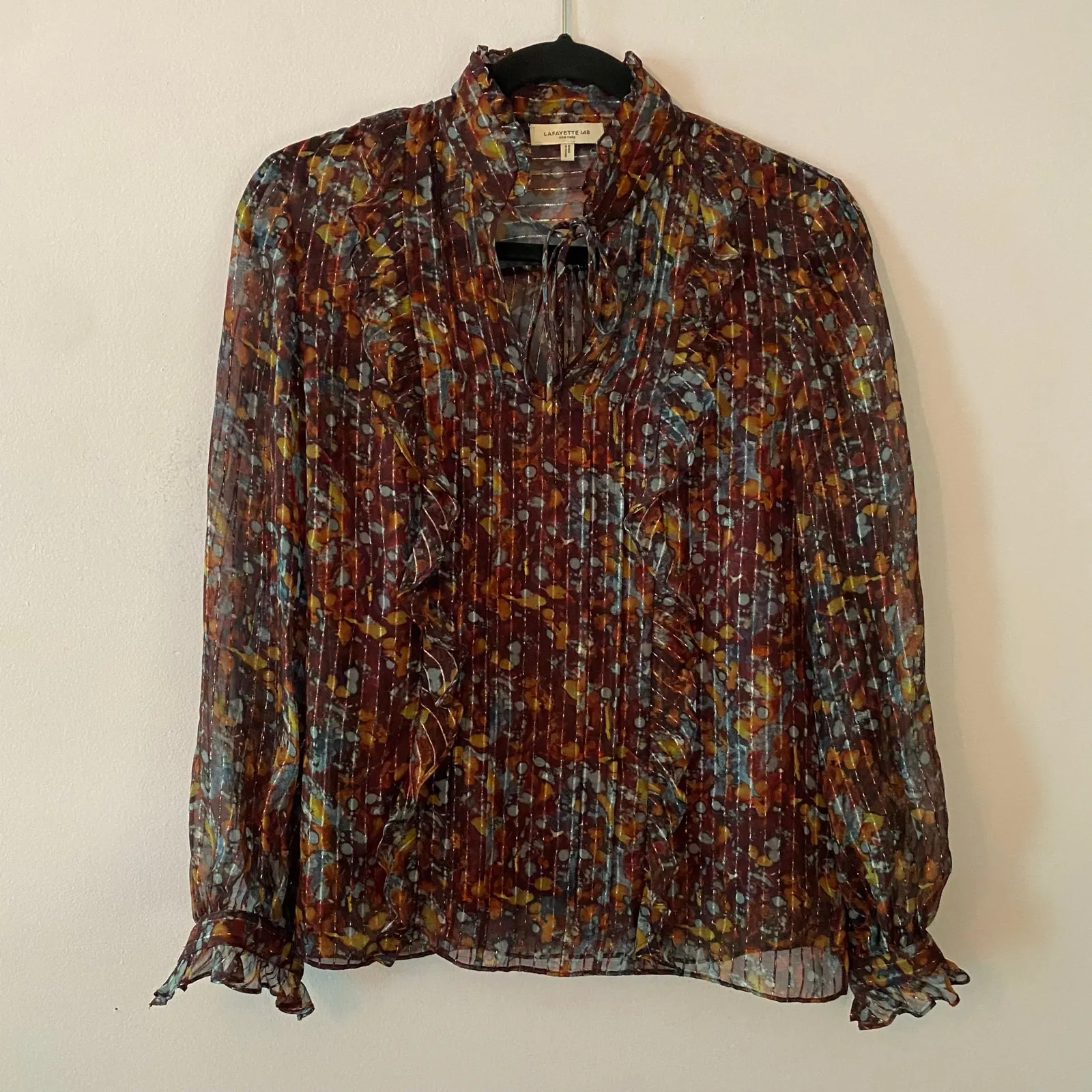 Lafayette 148 New York Silk Puff Sleeve Long Sleeve Blouse Boho Women size Small - Image 2