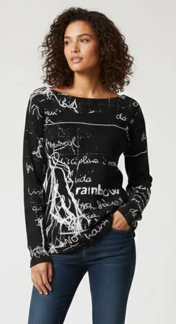 DESIGUAL Vintage Arty Script Boat Neck Sweater S 16.5” p2p Black/White EUC - Image 1