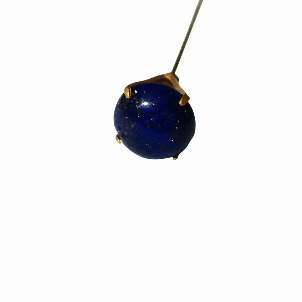 Long Hat Dress Pin Vintage Brass Blue Lapis Glass Bead Gold Tone Straight Dome - Image 8