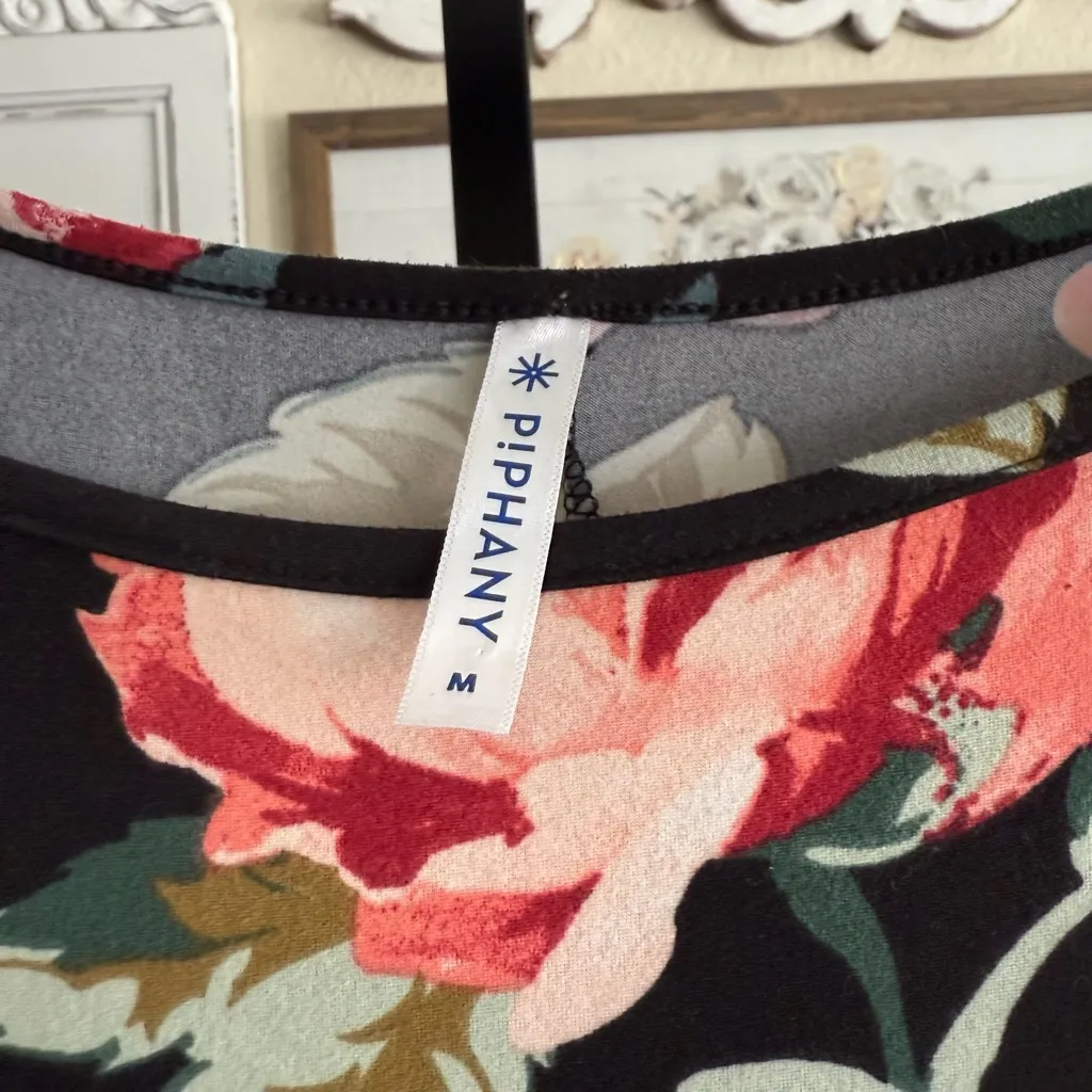 Fall Ready Black Floral Swing Dress Rose 3/4 Sleeve Stretch Knit A Line Medium Pink - Image 5