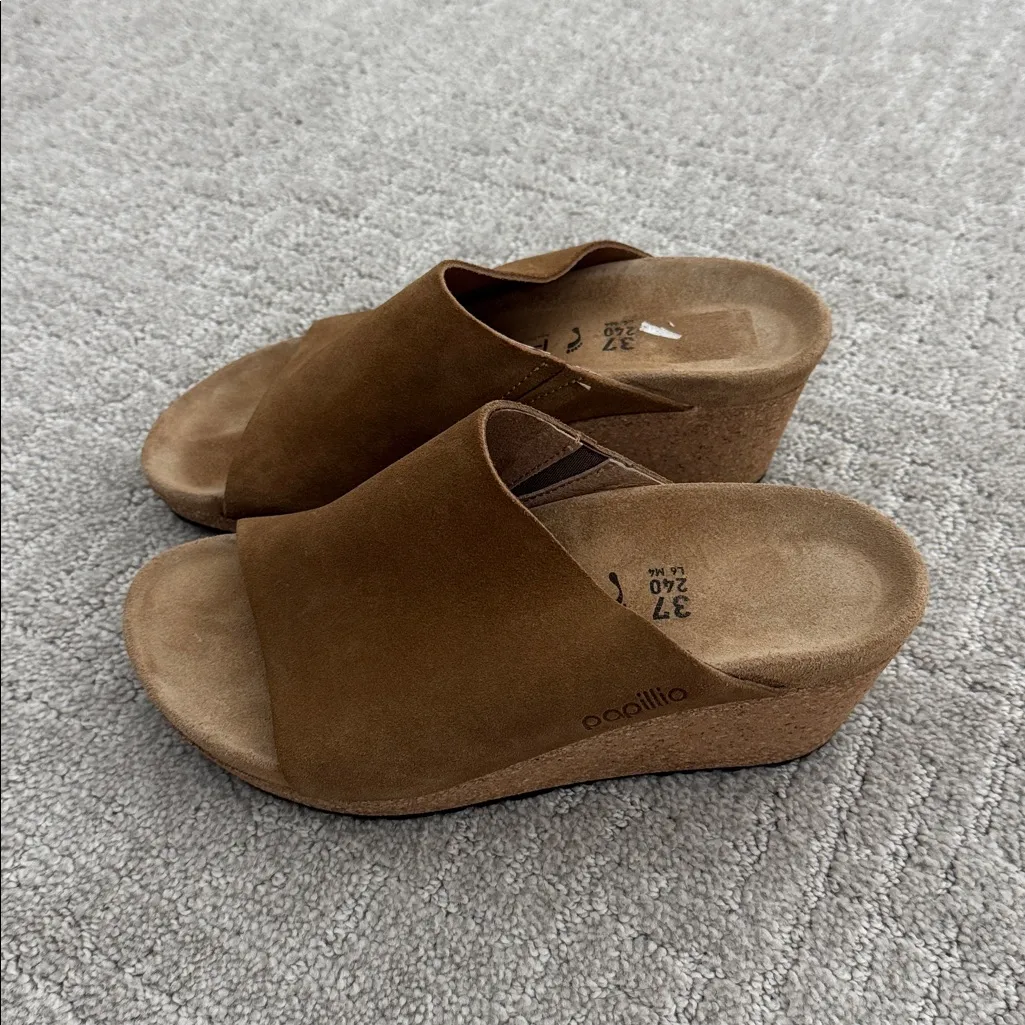 EUC Papillio by Birkenstock Namica Sandals Wedge tan suede cork sandal Brown Size 6 - Image 2