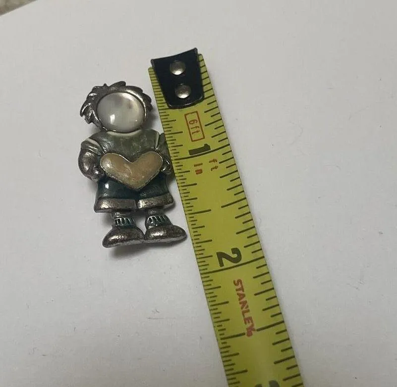 Signed AJMC Brooch Pin Silver Tone Metal Boy Child Holding Heart Enamel - Image 4