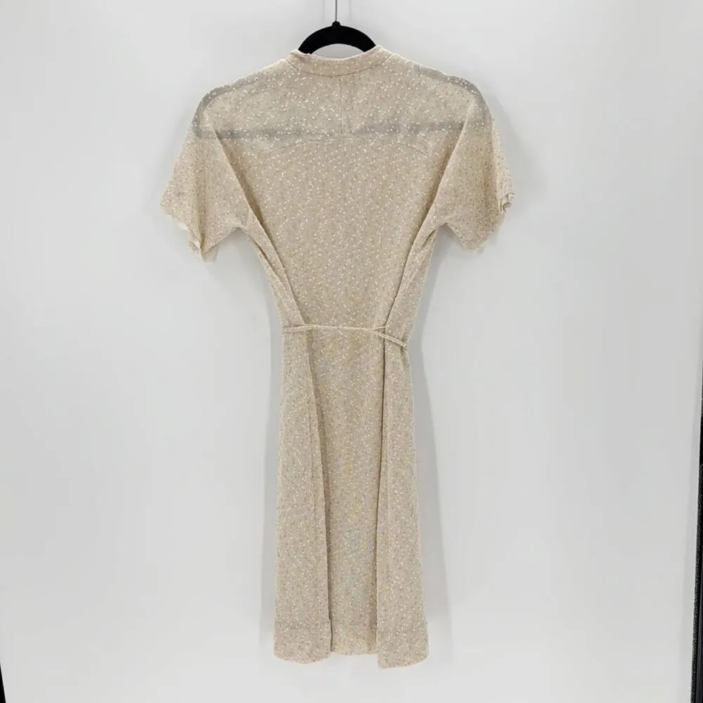 Vintage textured oatmeal lace trim tie waist dress semi sheer beach cover up S - Image 2