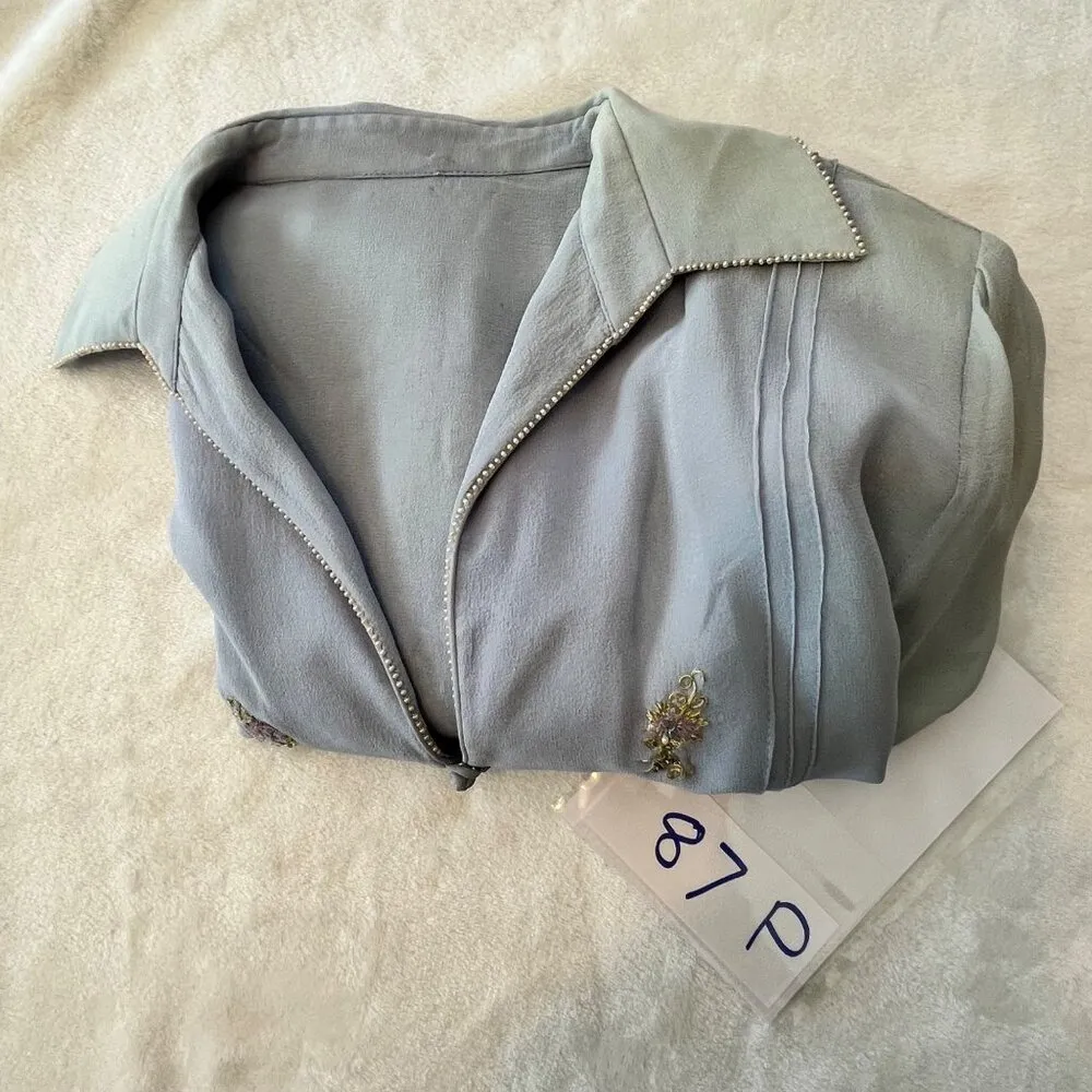 Vintage Embroidered Light Blue Blouse With Button & Collar Details 87P Size 10 - Image 13