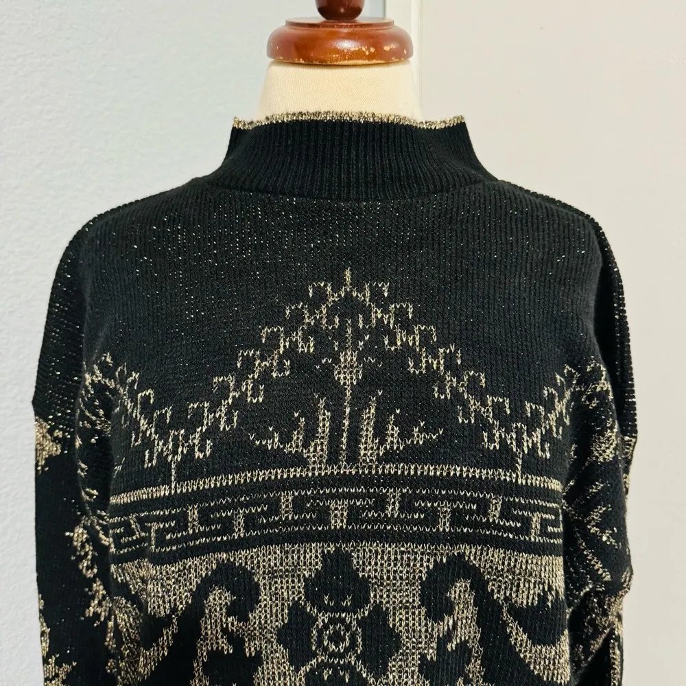 Arielle Women Vintage Black & Gold Glitter Crewneck Sweater Ornate Pattern Sz M Size M - Image 7