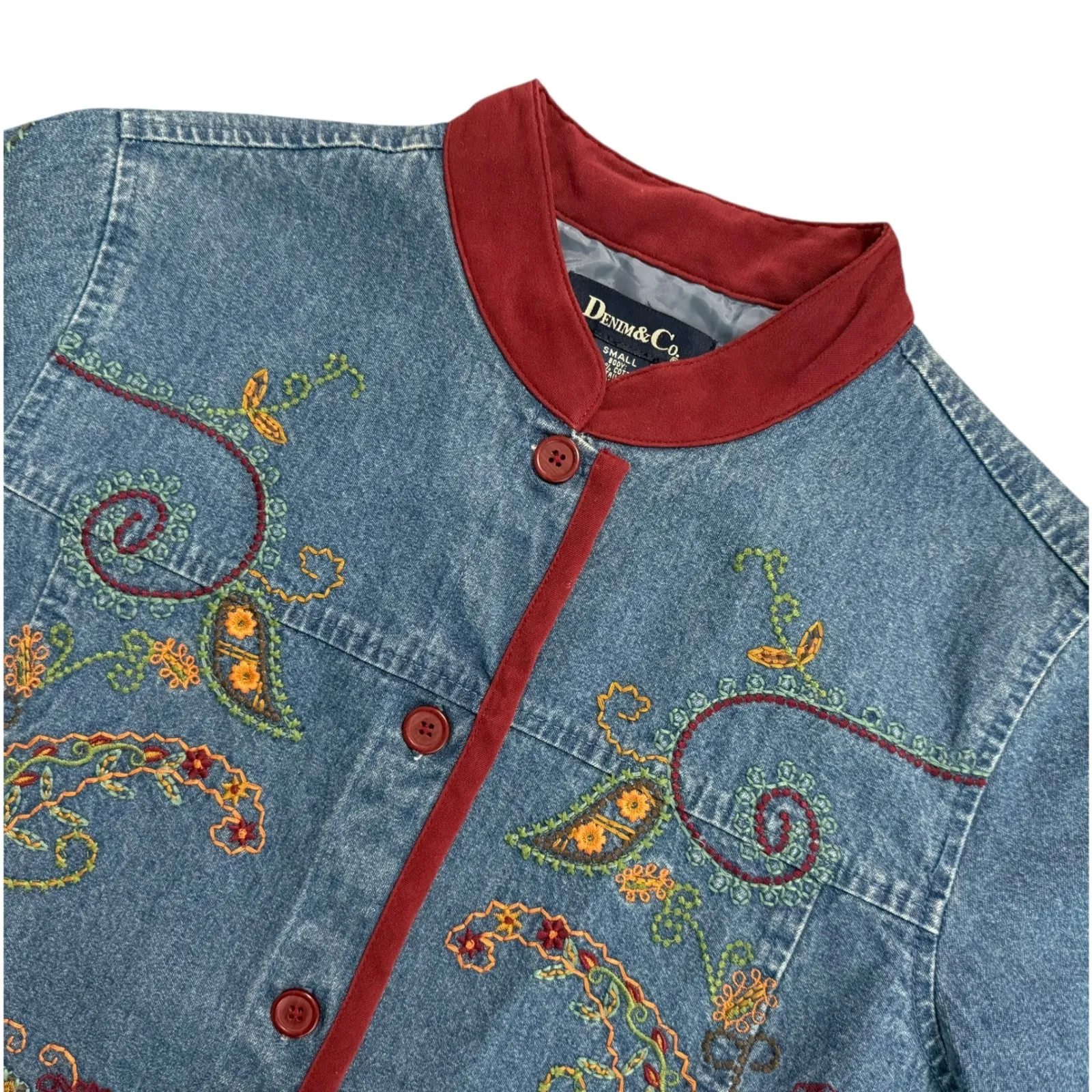 Denim Embroidered Paisley Jacket Trim Collar Boho Artsy Pockets Women Small - Image 11