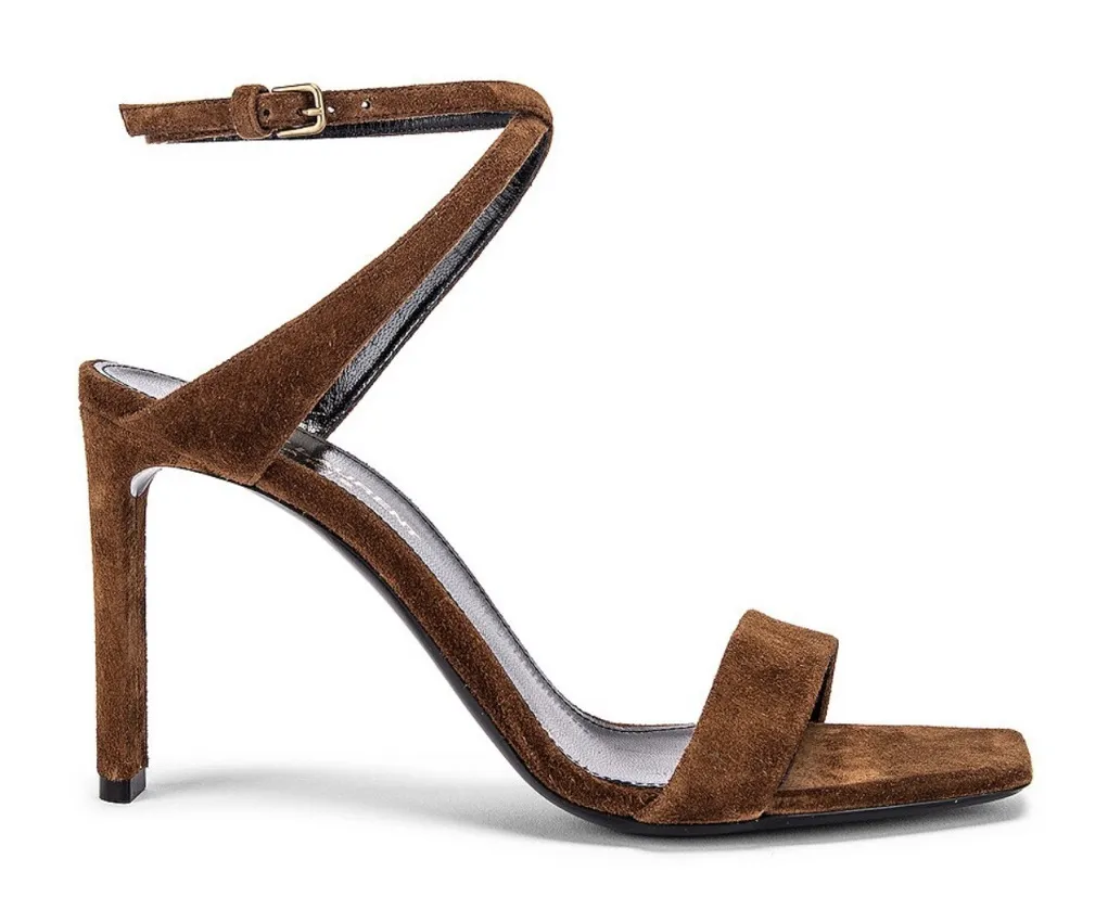 Saint Laurent Bea Bow Suede Square Toe Ankle Wrap Strap Sandal Heels Brown 37 - Image 1