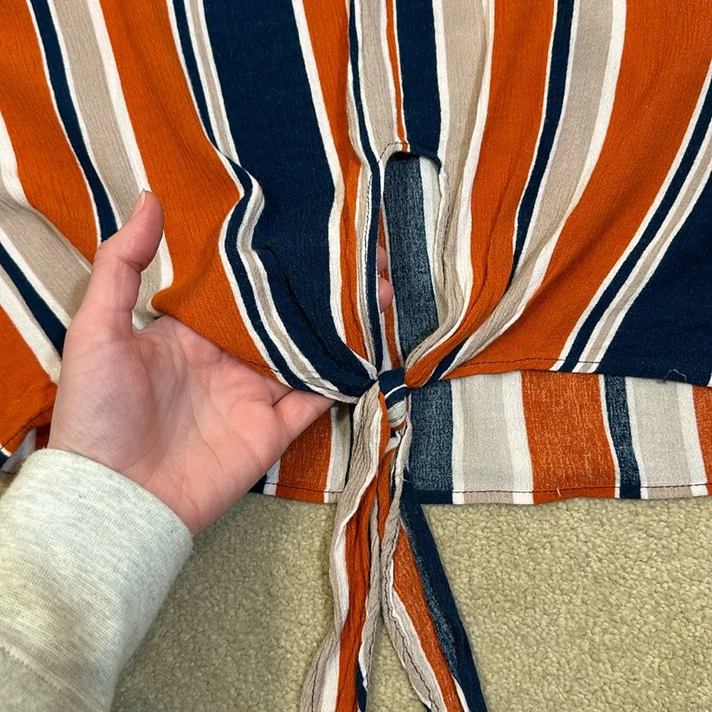 Final Touch Orange Blue Stripe Tie Detail Cutout Beach Crop T Shirt Women Medium - Image 6