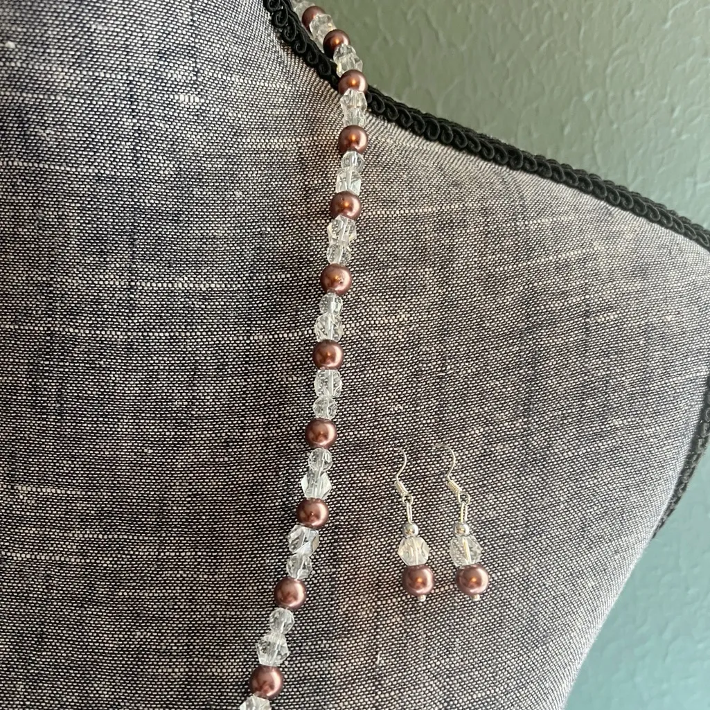 Beaded Necklace Earrings Set Glass Crystals Pearls Formal Elegant Statement Gift Silver - Image 3