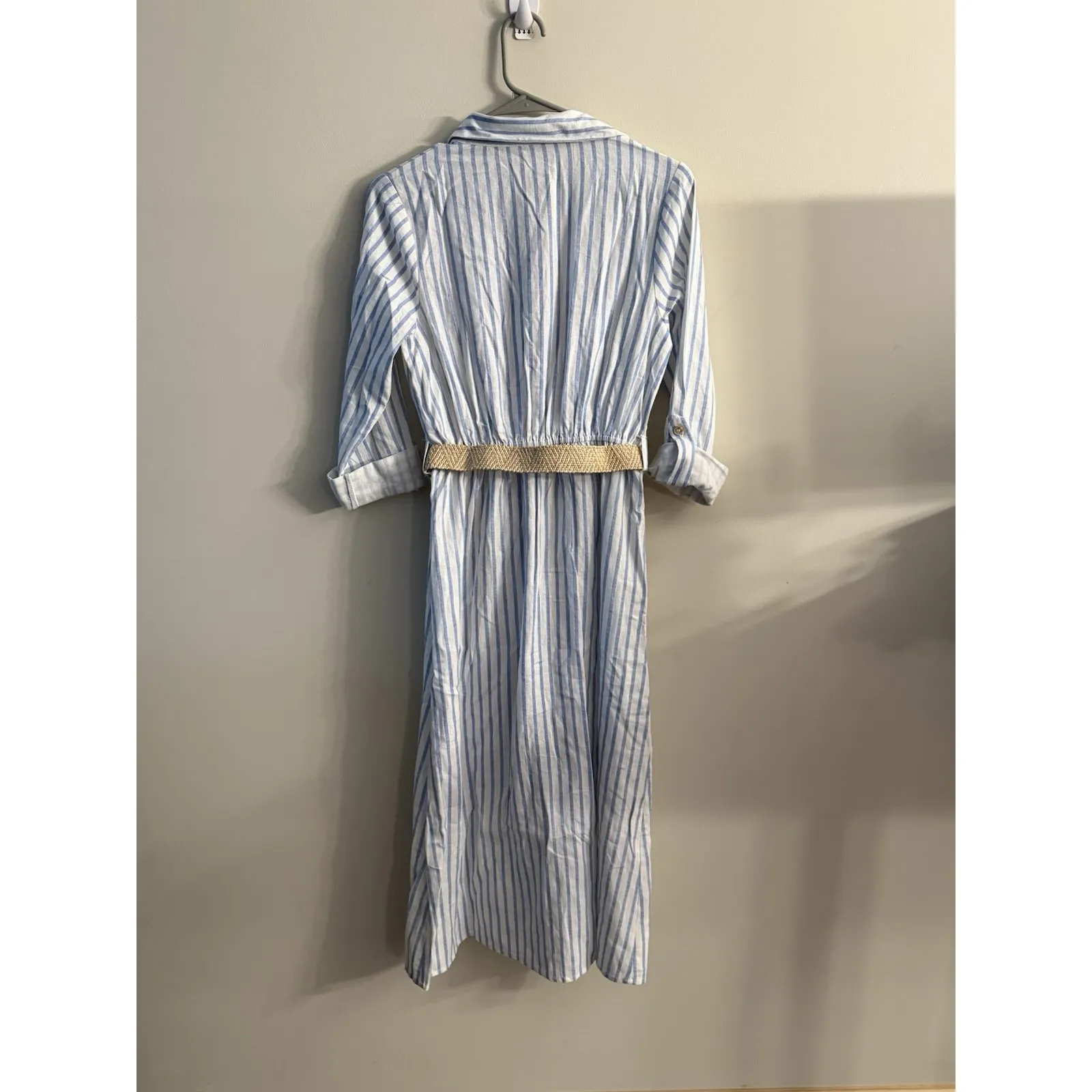 August Sky Women's Linen‎ Blend Dress Blue Striped Maxi with Roll Tab and Belt S - Image 4